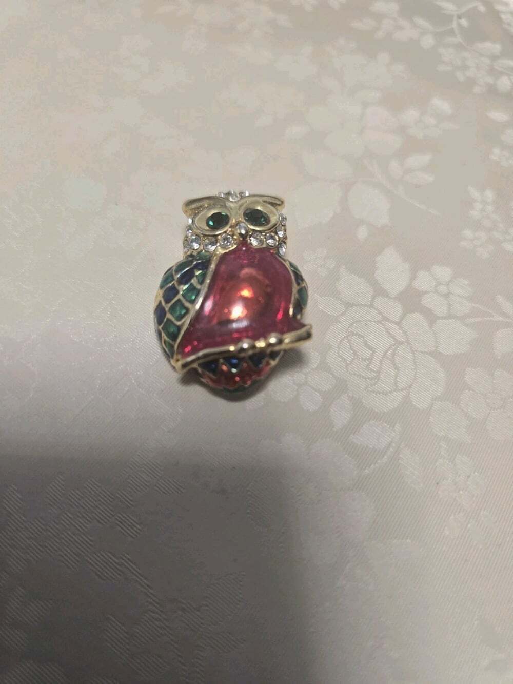 Vintage Owl Brooch Pin Gold-tone with Red, Blue and Green Enamel Rhinestones.